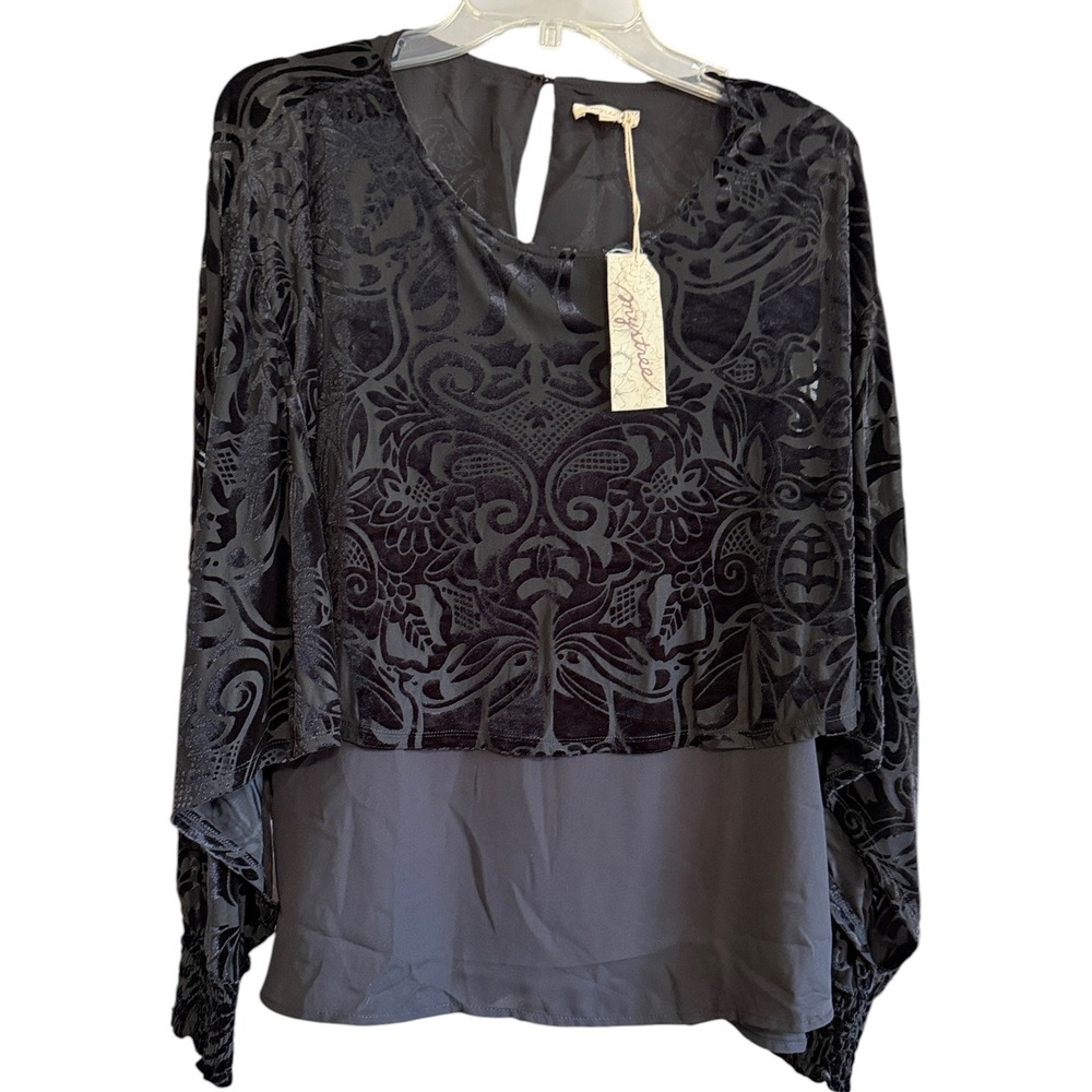 Anthropologie Mystree Black‎ Velvet Burnout Dolman Sleeve Layered Blouse Cape NW